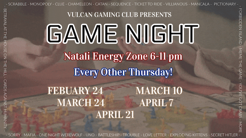 game night graphic with days times